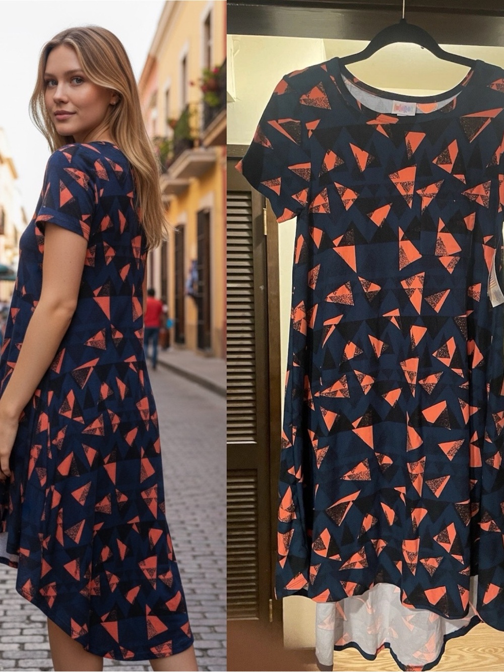 LuLaRoe Navy and Coral Short-Sleeve A-Line Dress